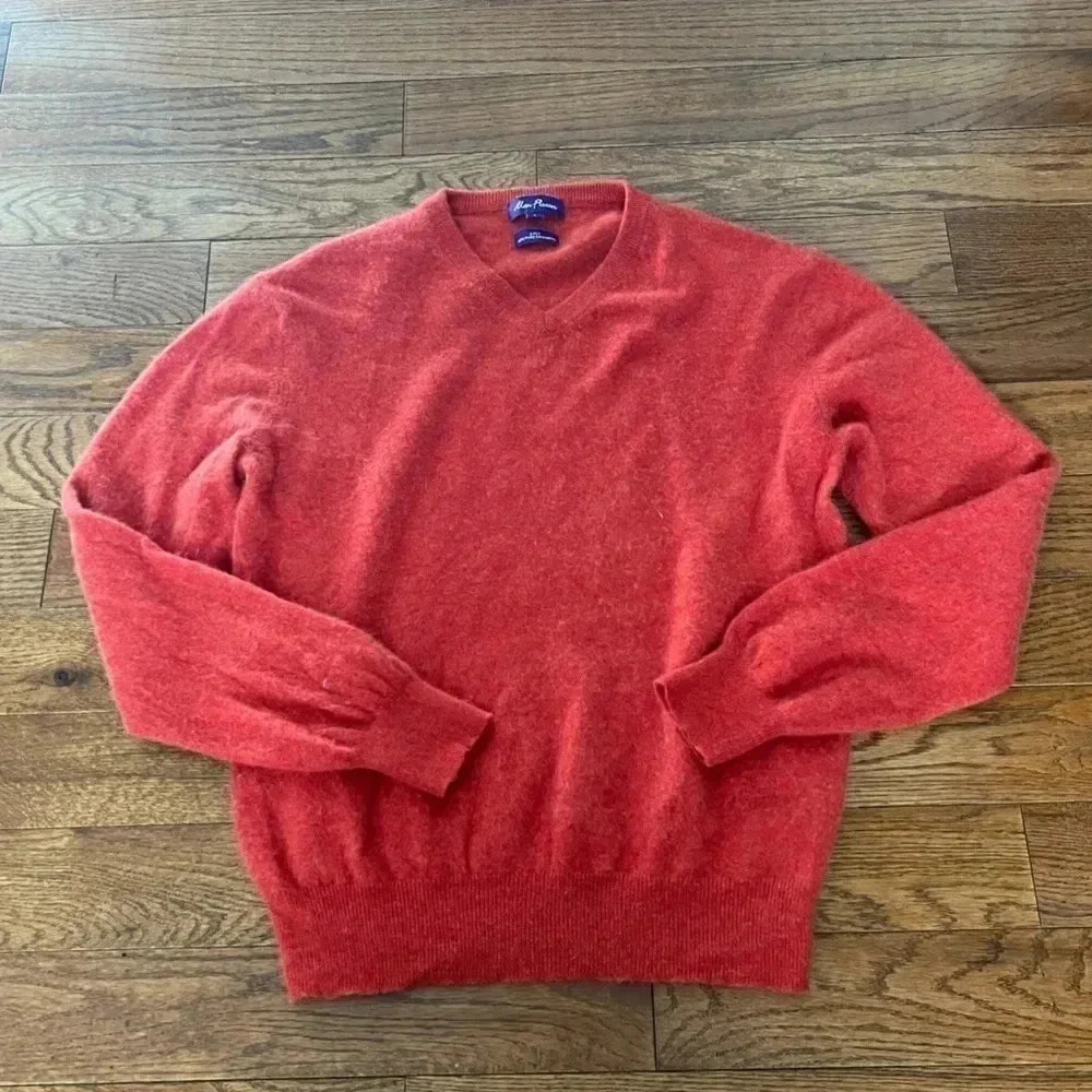 Alan Flusser Men's V-Neck 2 Ply Cashmere Sweater Orange Pullover Sz L